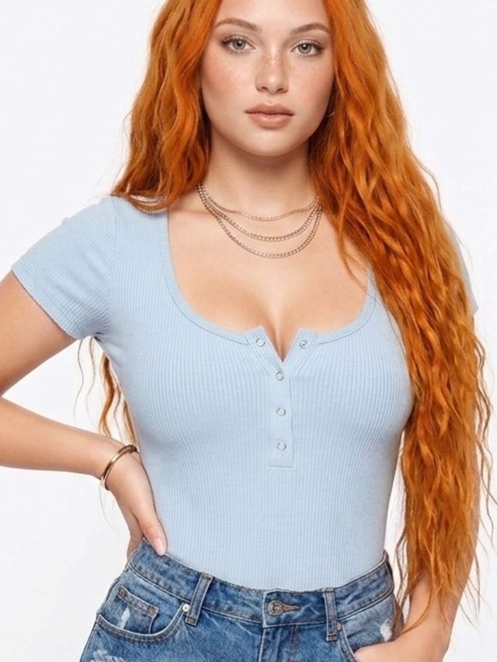 TIGER MIST | BABY BLUE RIBBED HENLEY BODYSUIT